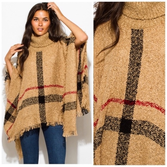 ❣️SALE❣️NEW!Fashion plaid poncho turtleneck in camel plaid - Picture 2 of 12